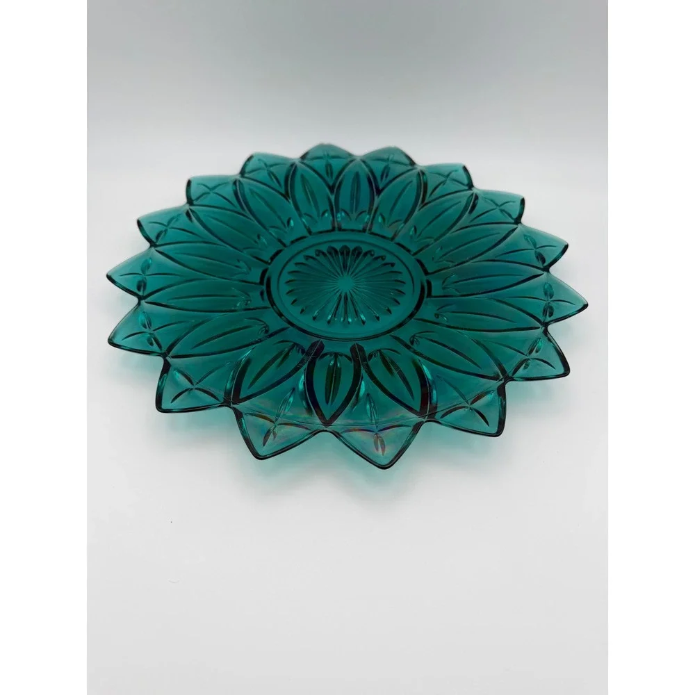 Federal Glass Rare Teal Blue Iridescent Petal Sunflower Bowl 11:5 Inch Plate